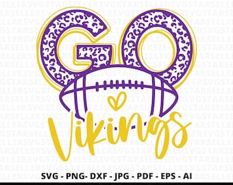 May include: A digital graphic design with the words "GO Vikings" in yellow and purple. The word "GO" has a leopard print pattern. A football and a heart are also included in the design. The graphic is ready to print.