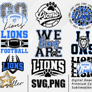 Bundle Lions SVG PNG, 9 modèles de Lions pour Cricut, sublimation, pack Lions, Clipart numérique le jour du match, téléchargement immédiat