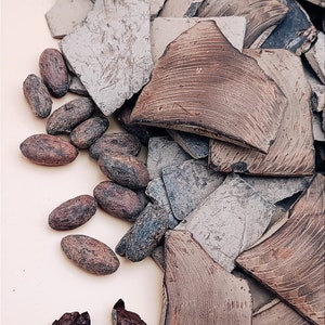 May include: A pile of broken pottery shards in shades of brown and gray, with a few cocoa beans scattered around them.