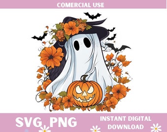May include: A white ghost wearing a witch's hat with orange flowers and holding a jack-o'-lantern. The ghost is surrounded by orange flowers and bats.