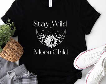 Stay Wild Moon Child T-shirt: Boho Celestial moon Yoga Tee for women, spiritual top,