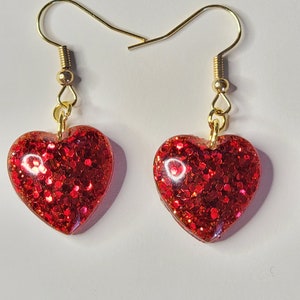 Red heart sparkling handmade resin womens drop dangle earrings, resin jewelry, valentines Day jewelry trendy cute gifts for her, friend gift