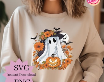 May include: A white ghost wearing a witch hat with orange flowers and holding a jack-o'-lantern pumpkin. The ghost is surrounded by orange flowers and bats.