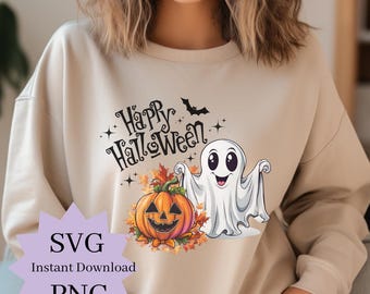 May include: A beige sweatshirt with a graphic design featuring a ghost, a pumpkin, and the text "Happy Halloween".