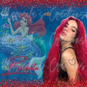 May include: A digital illustration of Ariel, the Little Mermaid, sitting on a rock with a blue and green tail.  The background is a blue ocean with red glitter.  A woman with long red hair is in the foreground, looking over her shoulder.  She has a heart tattoo on her shoulder.