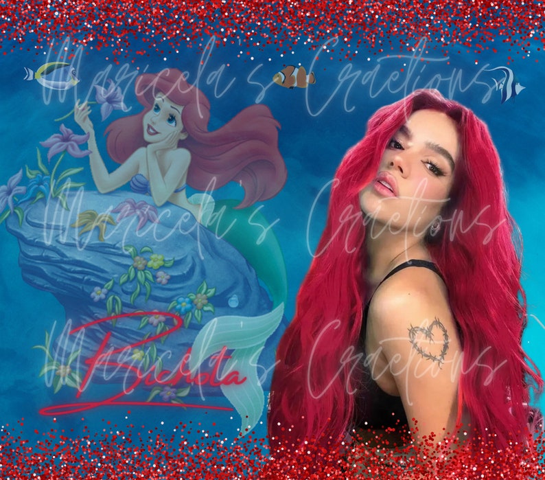 May include: A digital illustration of Ariel, the Little Mermaid, sitting on a rock with a blue and green tail.  The background is a blue ocean with red glitter.  A woman with long red hair is in the foreground, looking over her shoulder.  She has a heart tattoo on her shoulder.