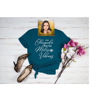 Op de afbeelding: Een tealblauw t-shirt met de tekst "A la Chingada con tus Malas Vibras" in witte cursieve letters. De tekst wordt vergezeld door een witte gestileerde ooggrafiek.