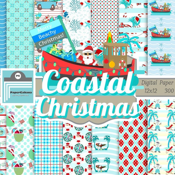 Coastal Christmas Digital Paper,Beach Christmas Paper,Tropical Christmas Scrapbook,Summer Christmas Paper,Christmas in July,INSTANT DOWNLOAD