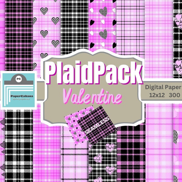 Valentines Pink Plaid Digital Paper,Pink Black Plaid Seamless Paper,Hearts Plaid Paper,Valentines Day Plaid Scrapbook Paper,INSTANT DOWNLOAD