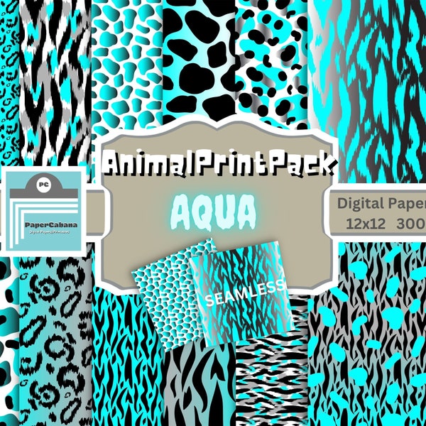 Animal Print Digital Paper,Aqua Turquoise Animal Print Seamless Paper,Aqua Blue Safari Backgrounds,Turquoise Leopard Paper,INSTANT DOWNLOAD