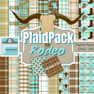 Rodeo Digital Paper,Western Rodeo Seamless Paper,Rodeo Plaid,Turquoise Brown Plaid Paper,Western Scrapbook,Plaid Background,INSTANT DOWNLOAD