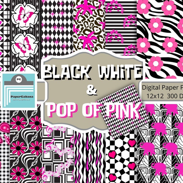 Black White Pink Digital Paper,Pink Black Background,Black White Pink Scrapbook,Hot Pink Black Paper,Pink Black Party Paper,INSTANT DOWNLOAD