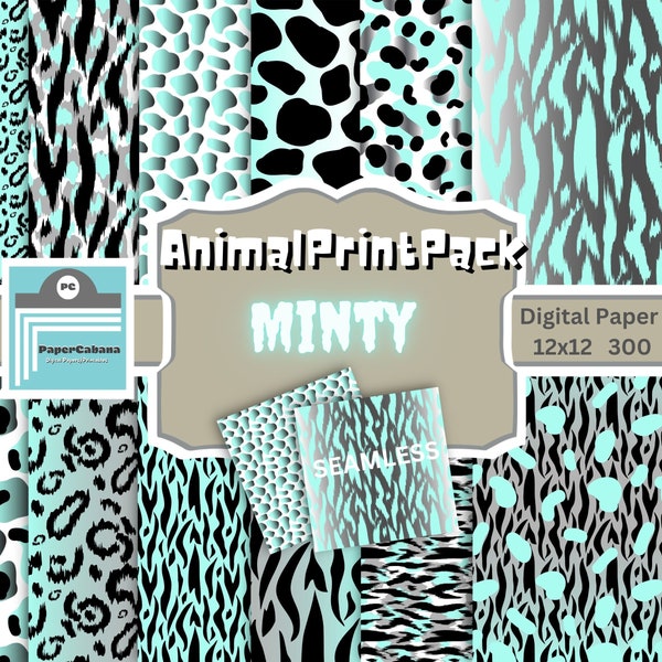 Animal Print Digital Paper,Mint Blue Animal Print Seamless Paper,Mint Safari Paper,Mint Leopard Scrapbook,Mint Zebra Paper,INSTANT DOWNLOAD