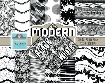 Könnte beinhalten: Ein digitales Papierpaket mit 12 Schwarz-Weiß-Mustern. Die Muster umfassen geometrische Formen, Wellen und abstrakte Designs. Das Paket ist 12x12 Zoll groß und hat 300 DPI.