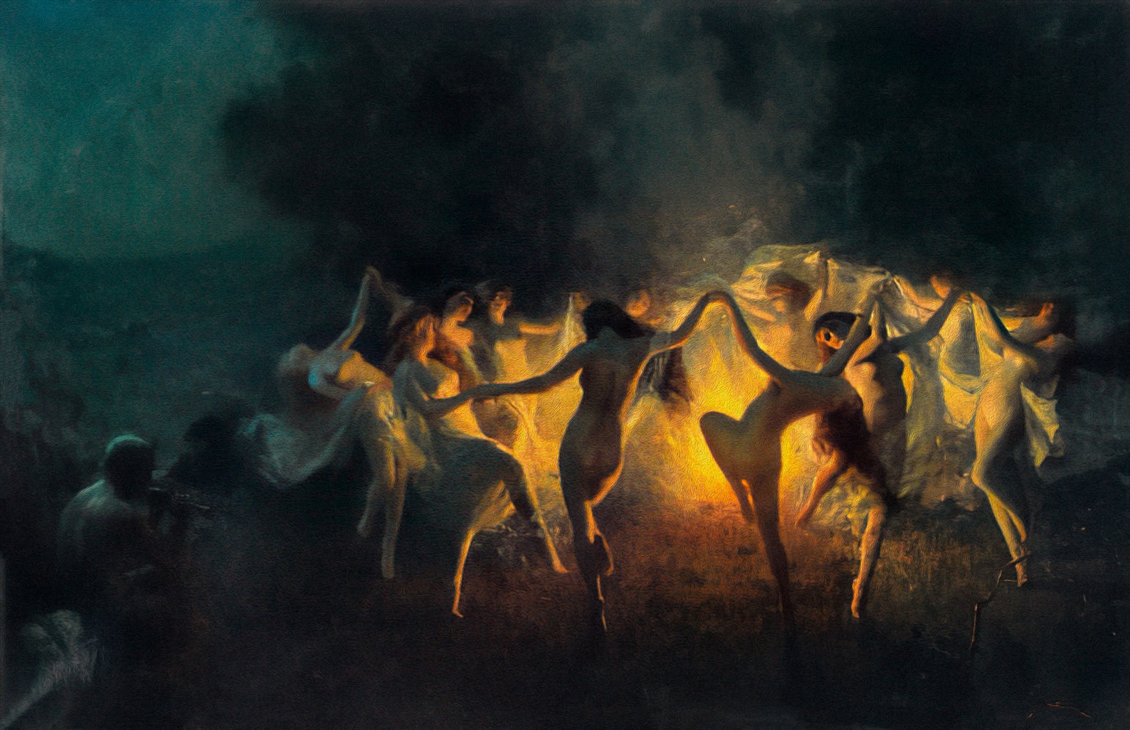 Joseph Tomanek Nymphs Dancing To Pans Flute Fire Dance Erotic Print On