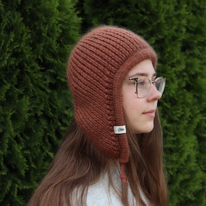 Handgestrickte Mütze für Erwachsene, Hygge-Ohrklappenmütze, Kopfschmuck aus Merinowolle und Mohair, Winterfrauen-Mädchenmannmütze.