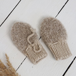Soft and warm alpaca hand knit mittens for Baby or Toddler on a string, Fluffy winter gloves, Beige kids accessories, Sizes available
