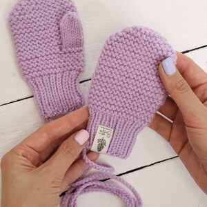 Lilac Merino Wool Knit Mittens on a String, Newborn Gift