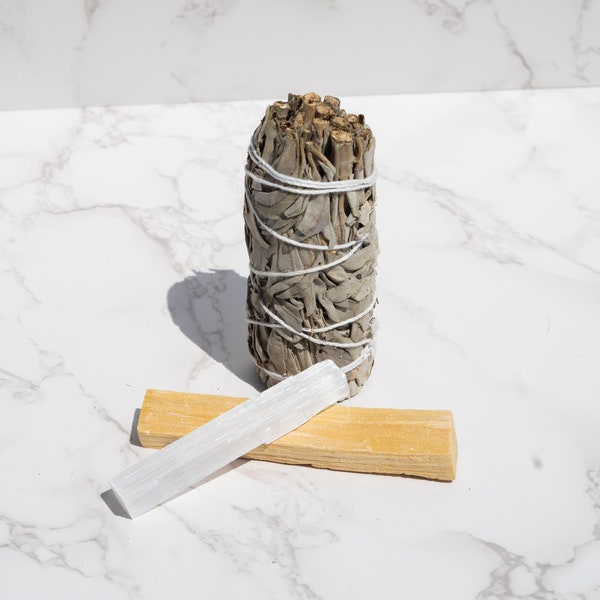 SMUDGE KIT | White Sage Smudge with Palo Santo and Selenite Stick for Spiritual Cleansing | Energy Clearing | Crystal | Ritual Kit