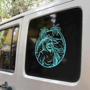 Grim Reaper on the Beach with Palm Trees Vinyl Decal - Color and Size Options