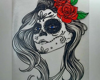 Sugar Skull with Roses in Her Hair Vinyl Decal Sticker for Laptops, Cars, and More