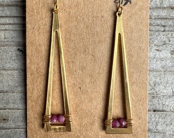 Ruby triangle brass earrings