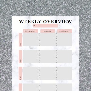 May include: A weekly overview planner with a marble background. The planner has sections for multi-media, readings, and assignments. There are four rows for different classes.