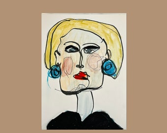 Oryginalny abstrakcyjny portret, akwarela i sztuka tuszem (5x7)