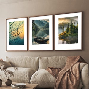 Sonnenuntergang See Art Print Landschaft 3er Set Wand Kunst Baum Natur Fotografie Galerie Wand Bergkunst Bäume Wald Poster Natur Home Decor Art
