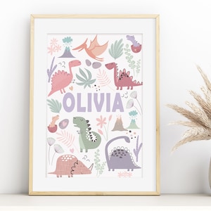 Personligt dinosaurietryck för flickor, rosa dinosaurieposter för barnrum/barnrum/sovrum bild 1