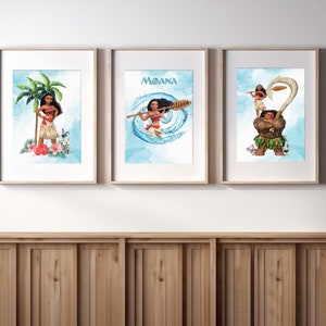 Conjunto de 3 pôsteres personalizados da Moana, decoração para quarto de menina com arte impressa da Disney, arte de parede para quarto de criança, Mutului Hei Hei Maui, presentes infantis da Moana