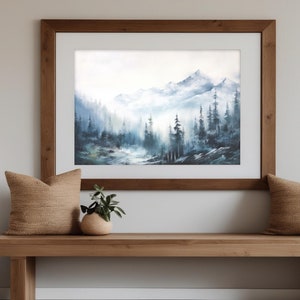 Stampa artistica del paesaggio dell'albero di pino, arte murale della foresta, pittura ad acquerello della montagna, decorazione della casa blu e grigia, scena del paesaggio, poster della natura, decorazione nordica