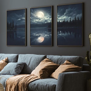 Mond See Kunstdrucke Wald Landschaft Druck 3er Set Nacht Himmel Wand Kunst Mond Foto Galerie Wand Nebligen Wald Poster Stimmungs Blau Wohnkultur