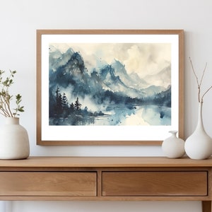 Blue Mountain Landscape Art Print, Watercolor Nordic Decor