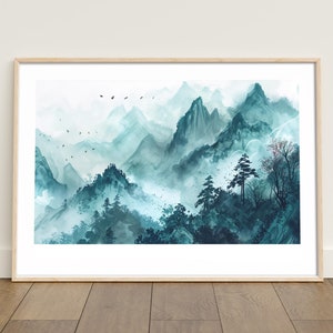 Misty Mountain Landscape Art Print Blue Teal Oriental Scene
