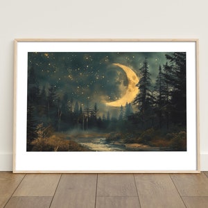 Impression de lune et d'étoiles, peinture de paysage de forêt sombre, décoration naturelle, affiche de nuit mystique, lune de minuit, mur d'art de la forêt, art de la maison, décoration d'intérieur