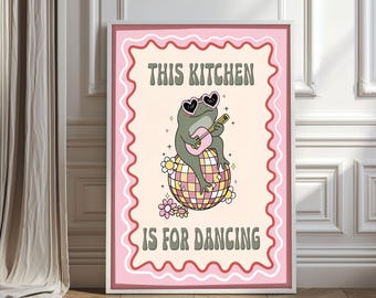 Disco Frog Art Print, Retro Kitchen Dancing Quote Poster, Mirror Ball Print