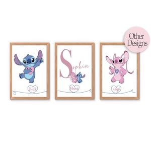 Personalised Lilo & Stitch Print Set Of 3 Stitch Nursery Decor Ohana Wall Art Angel Poster Stitch Print Girl Room Decor Lilo Stitch Poster