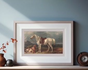 Vintage Horse Print: Equestrian Oil Painting, Dog and Horse Art