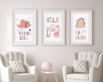 Set med 3 personliga dinosaurietryck, flicknamn Dono-poster Boho barnrumsdekor