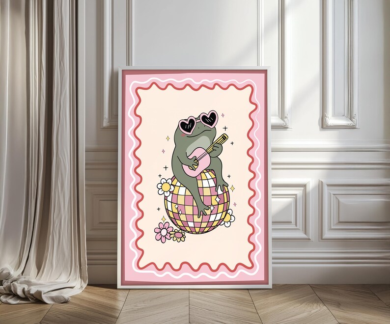 Disco Frog Art Print, Retro Kitchen Dancing Quote Poster, Mirror Ball ...