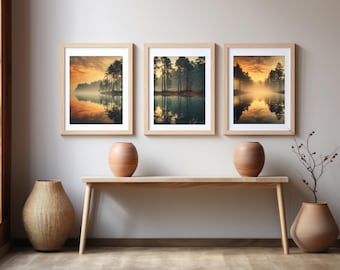 Sunset Lake Art Prints Set Of 3 Landscape Wall Art Tree Nature Photograph Lake Water Scape Art Landscape Forest Poster Natural Home Decor