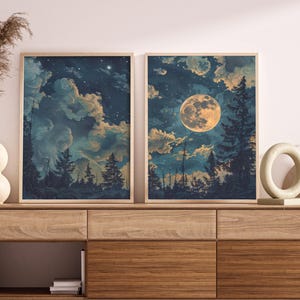 Immagine di luna del cielo notturno Coppia di stampe artistiche della luna Stampa di paesaggio Arte murale del cielo notturno Galleria fotografica della luna magica Parete Arte malinconica Decorazione per la casa blu