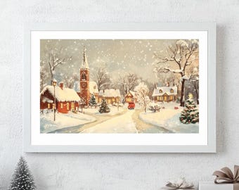 Winter Village Art Print Vintage Christmas Town Picture Festive Decor Snowy Painting