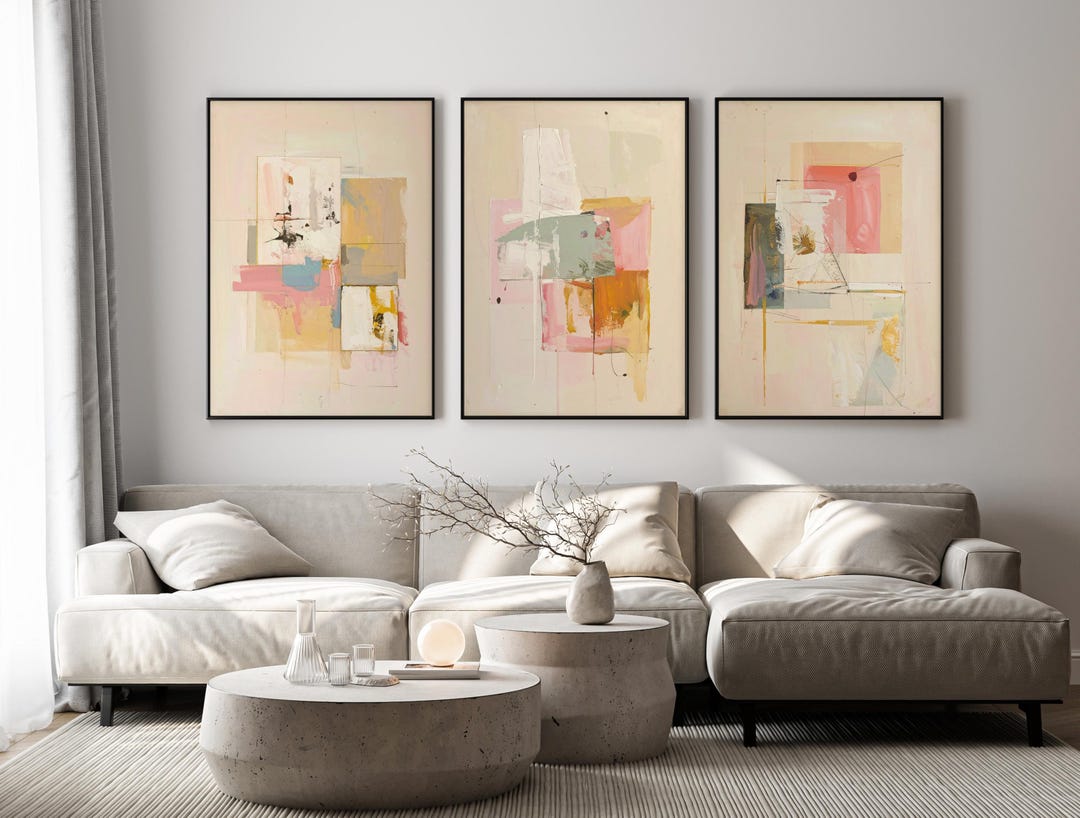 Set of 3 Mid Century Modern Abstract Prints, Pink Beige Gallery Wall ...