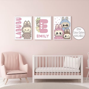 Labubu Poster Personalised Set of 3 Labubu Monster Print Pastel Name Custom Wall Art Macaron Kawaii Retro Decor Personalized Labubu Merch