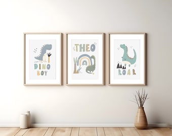 Personliga dinosaurietryck, väggdekorationer för barnrum, set om 3