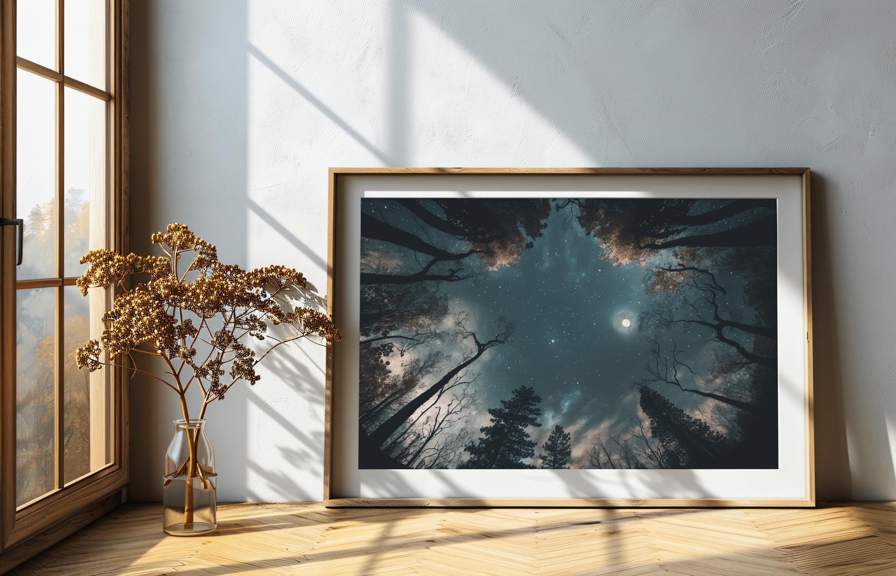 Moon & Stars Wall Art Dark Forest Landscape Nature Decor Night Sky View Poster Mystical Midnight Moon Wall Art Woodland Print Home Decor