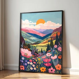 Vibrant Floral Mountainscape Poster, Colorful Botanical Landscape Art Print, Modern Home Decor