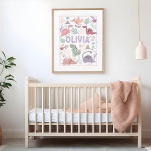 Póster de dinosaurio personalizado para niña, decoración de habitación infantil, decoración de dormitorio infantil, decoración de pared bohemia, arte de pared con nombre de dinosaurio para sala de juegos